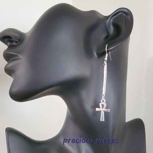 Antique Silver Dangle Ankh Earrings