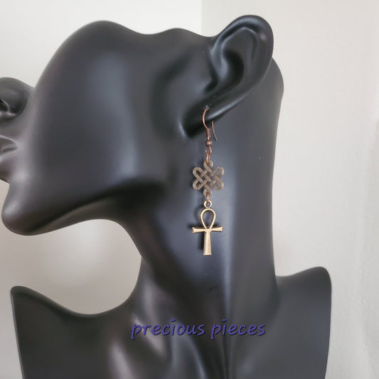 Antique Bronze Ankh Earrings with Decorative Connectors