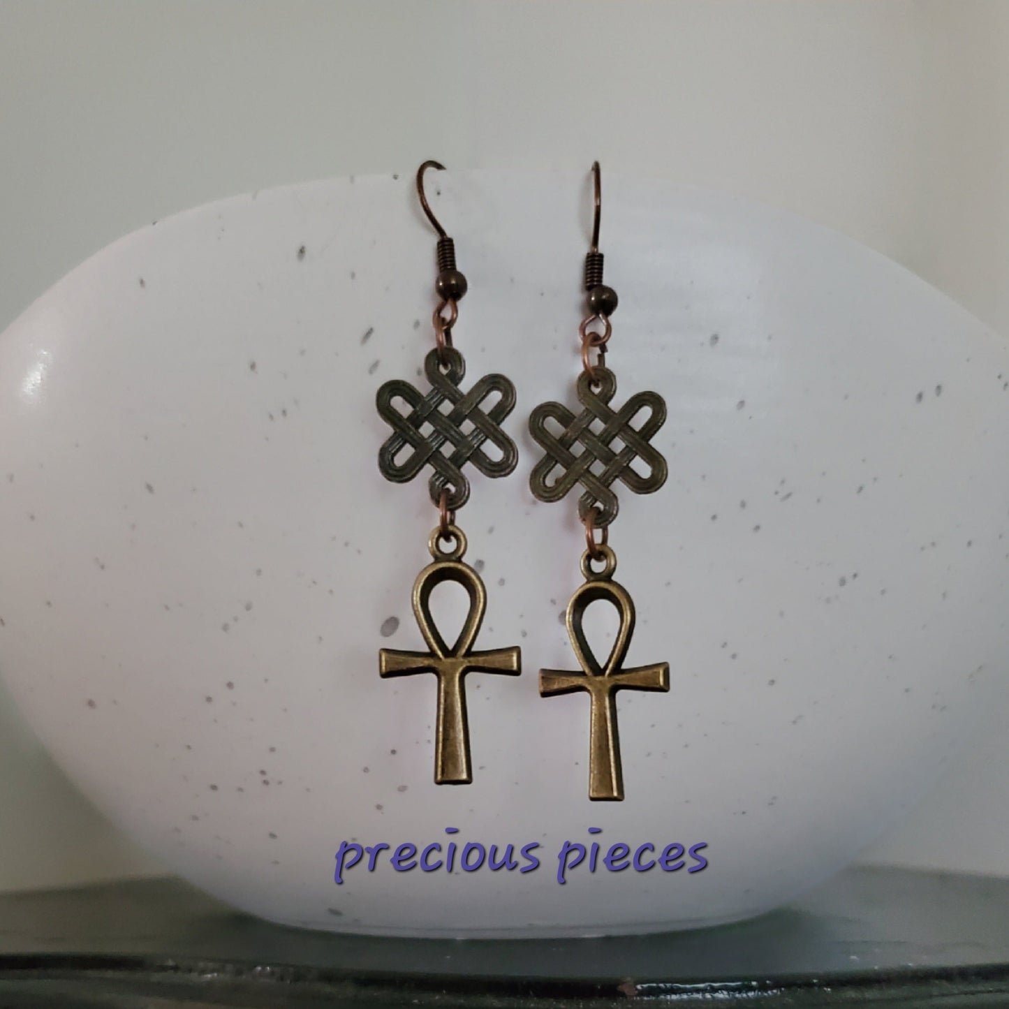 Antique Bronze Ankh Earrings with Decorative Connectors