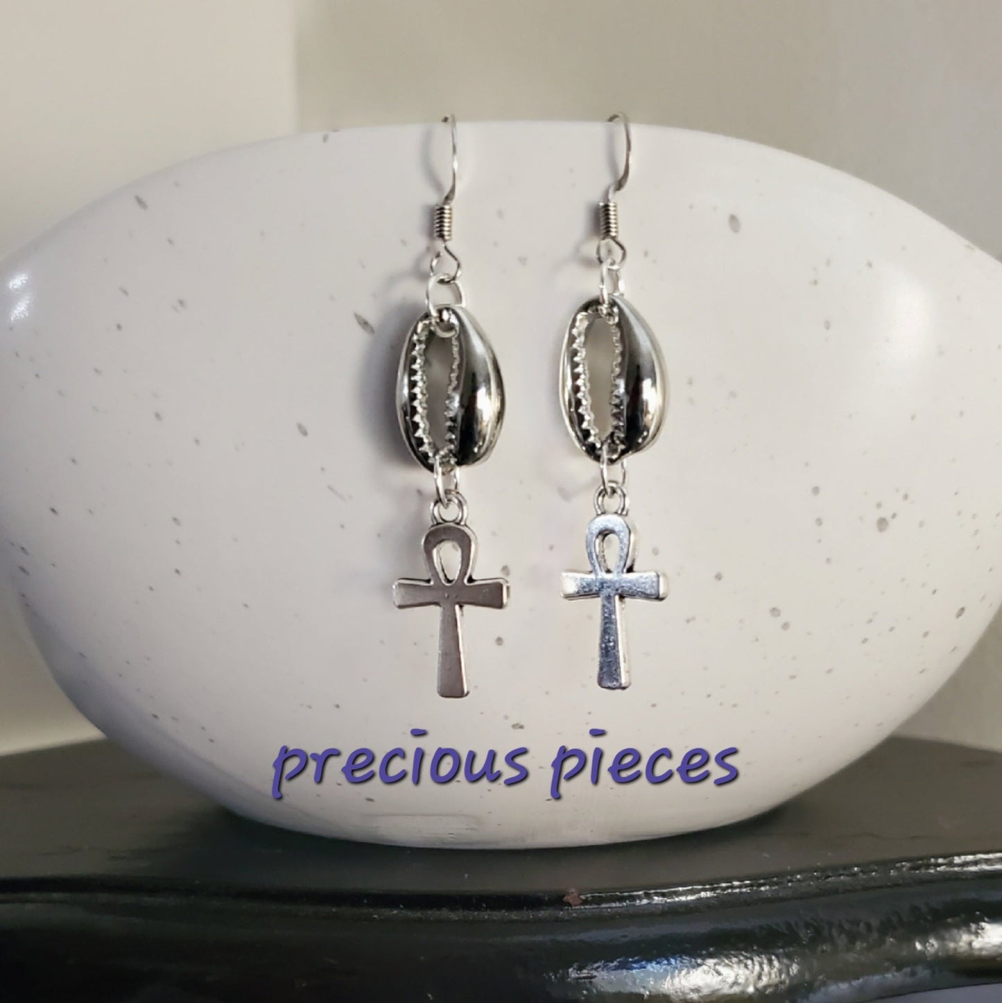 Silver Cowrie Shell and Ankh Earrings