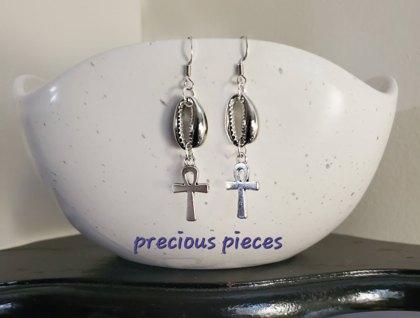 Silver Cowrie Shell and Ankh Earrings