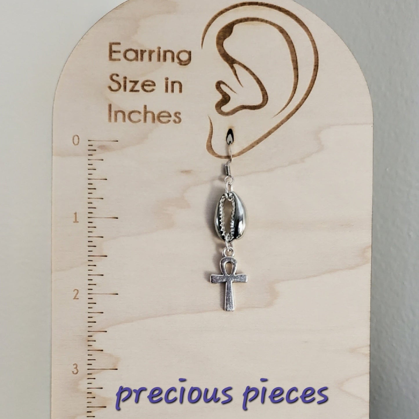 Silver Cowrie Shell and Ankh Earrings