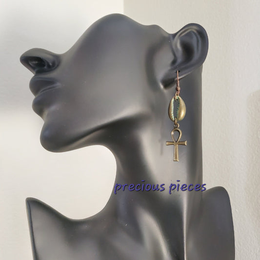 Bronze Cowrie Shell and Ankh Earrings