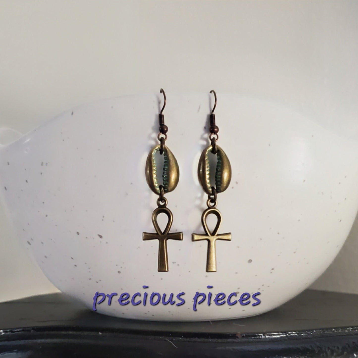 Bronze Cowrie Shell and Ankh Earrings