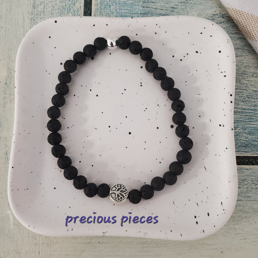 Men's Black Lava Beaded Bracelet with Tree of Life Charm