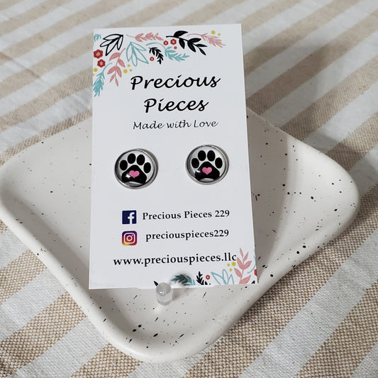 Paw Print Silver Bezel Stud Earrings