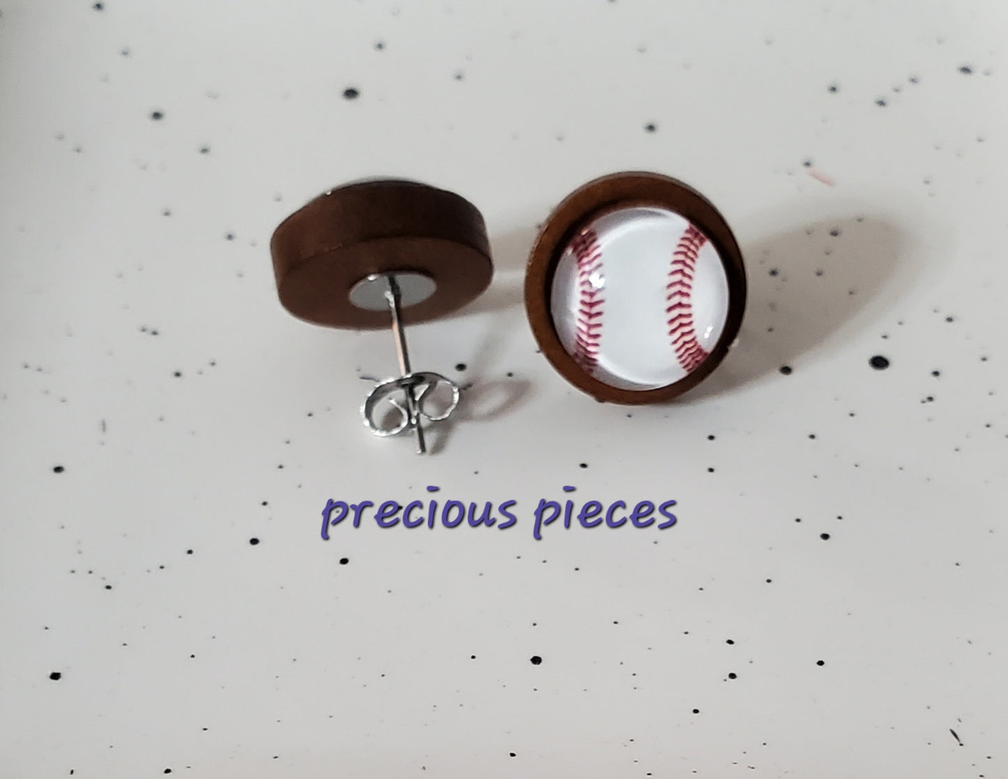 Wood Baseball Stud Earrings