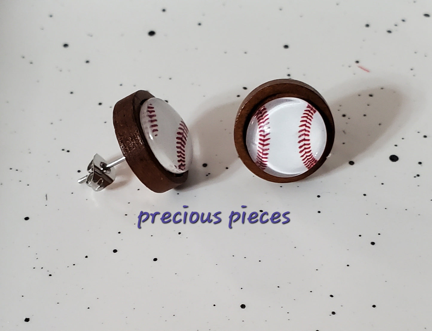 Wood Baseball Stud Earrings