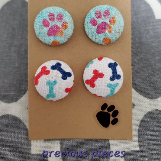 Paw Print and Bone Fabric Earrings