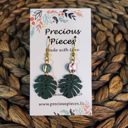 Dark Green Monstera Leaf Earrings