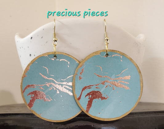 Turquoise and Gold Decoupage Wood Earrings