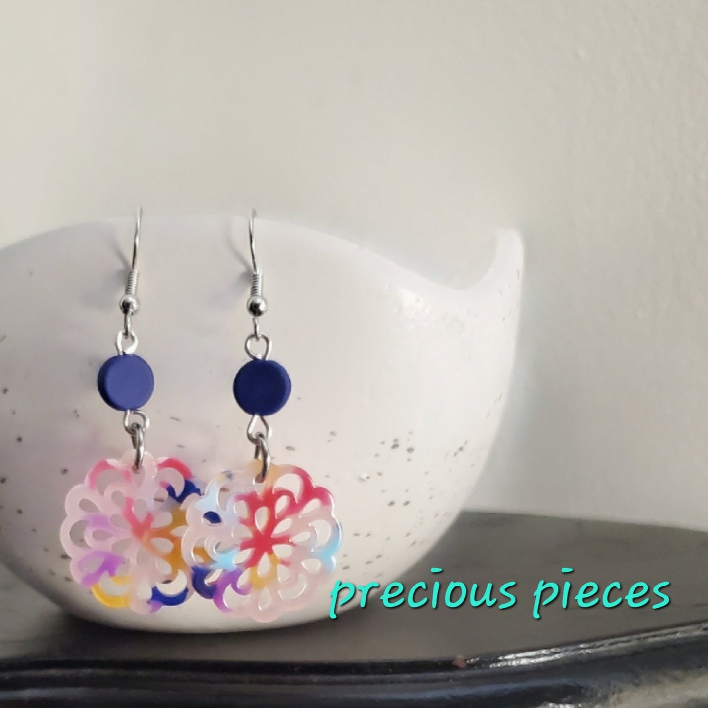 Colorful Geometric Flower Earrings with Matte Blue Accent Beads