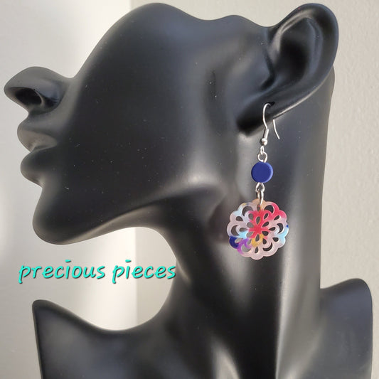 Colorful Geometric Flower Earrings with Matte Blue Accent Beads