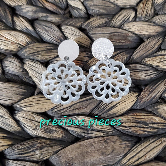 Pearly White Geometric Flower Earrings with Silver Accents