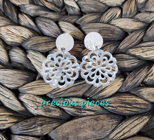 Pearly White Geometric Flower Earrings with Silver Accents