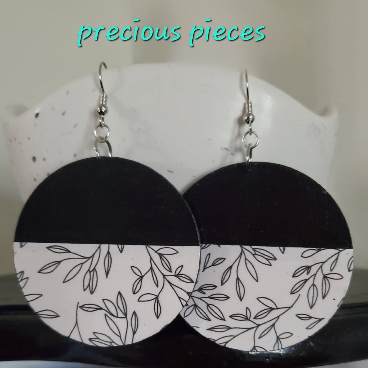 Black and White Wood Floral Earrings