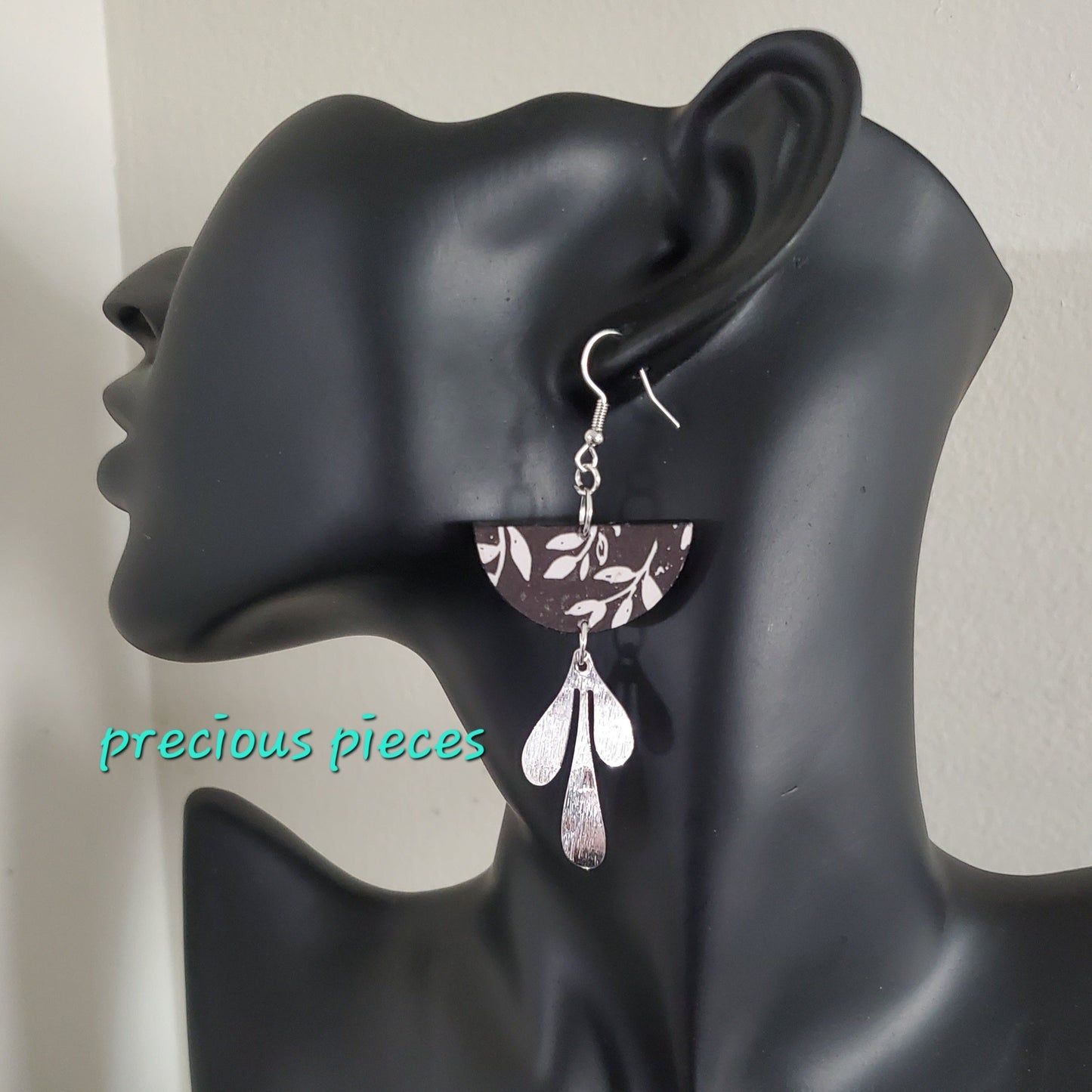 Black and White Leaf Earrings with Silver Charm