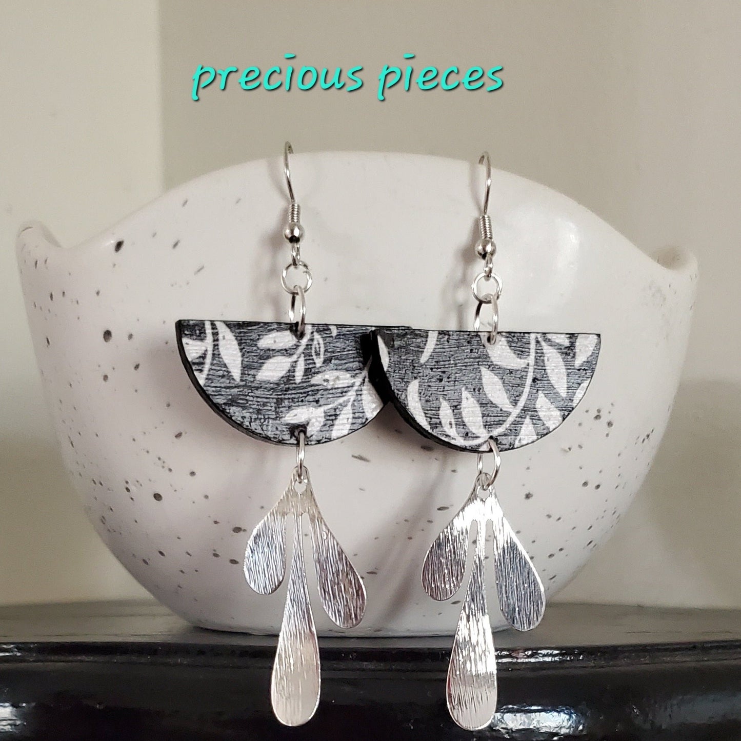 Black and White Leaf Earrings with Silver Charm