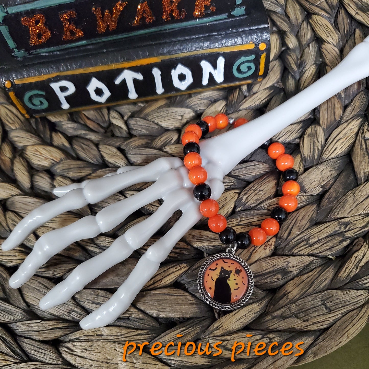 Black and Orange Black Cat Halloween Bracelet