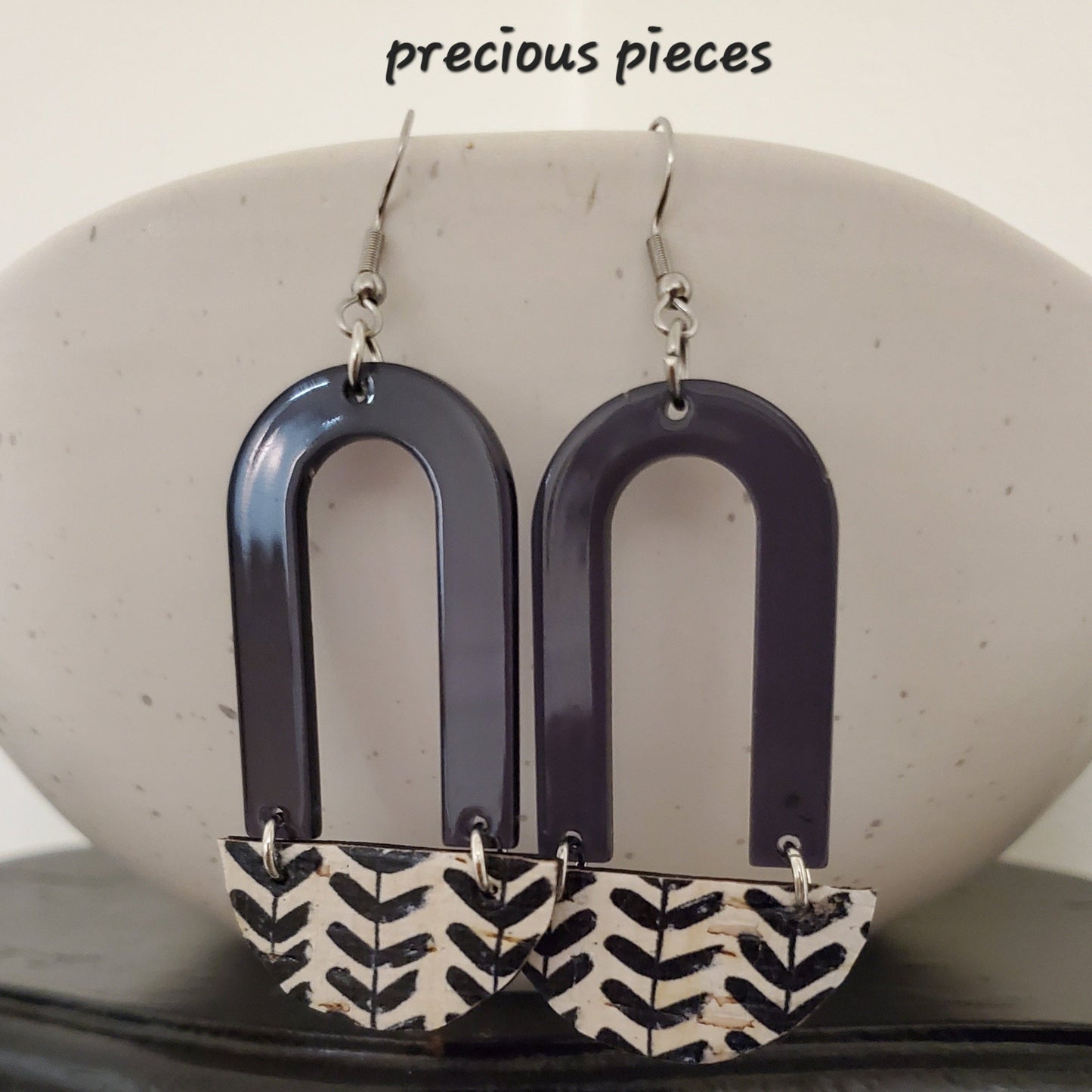 Black Acrylic Arch and Leather Earrings