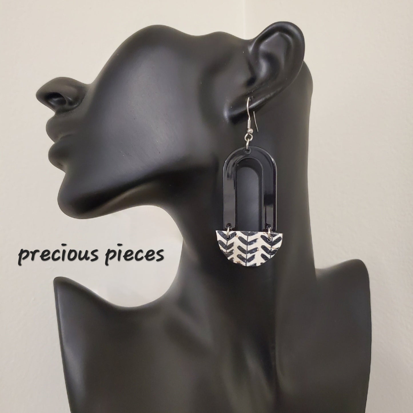 Black Acrylic Arch and Leather Earrings