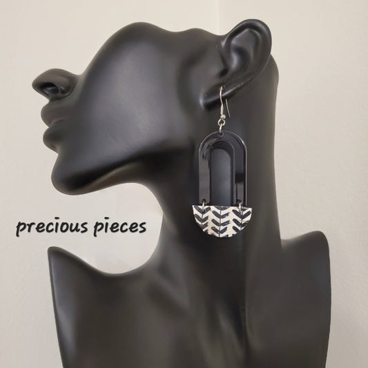 Black Acrylic Arch and Leather Earrings