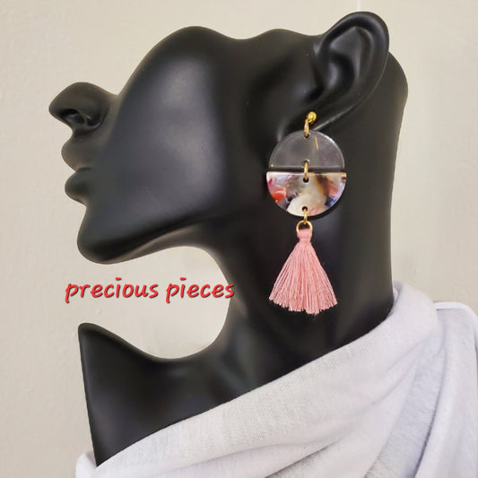 Marbled Half Circle Earrings with Pink Tassel