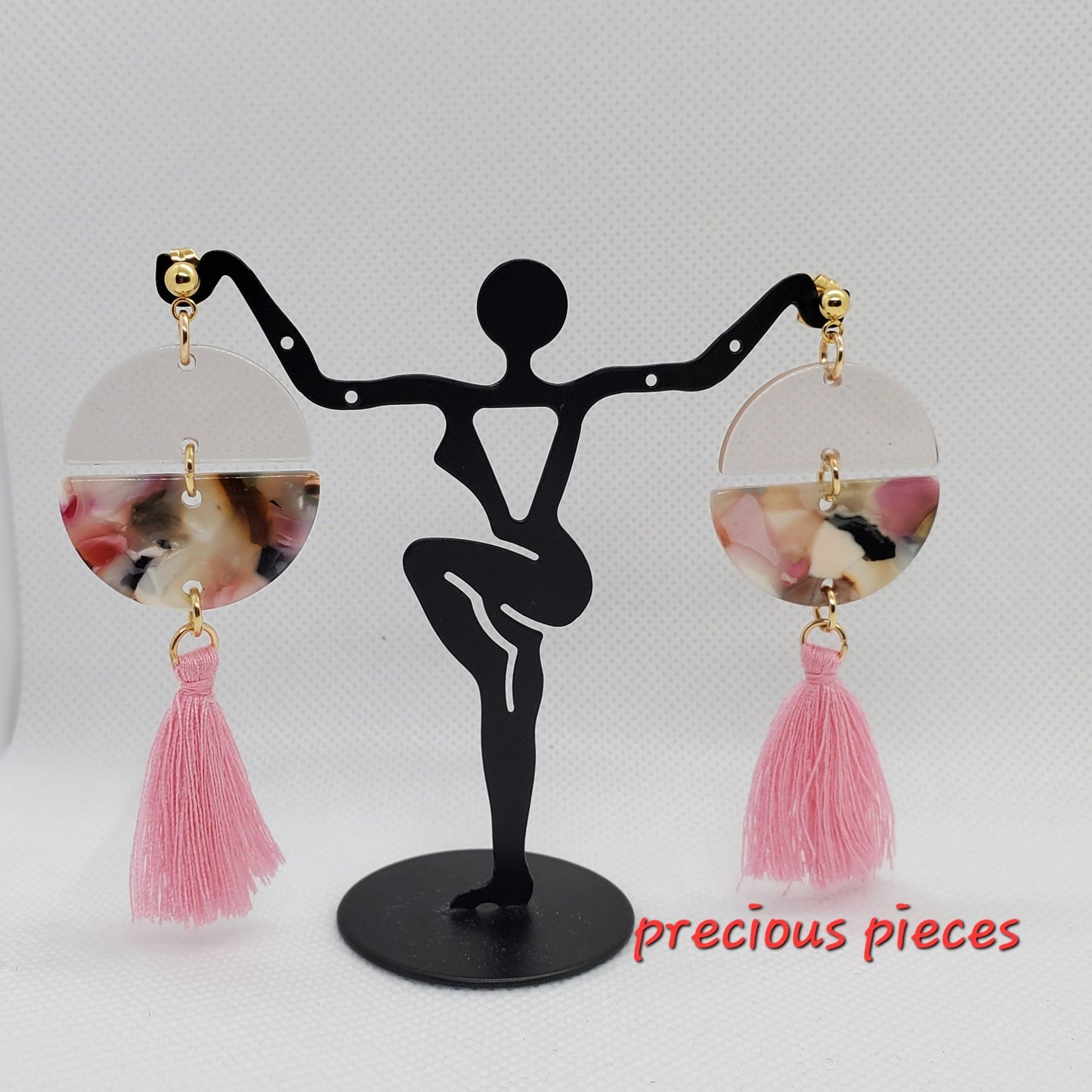 Marbled Half Circle Earrings with Pink Tassel