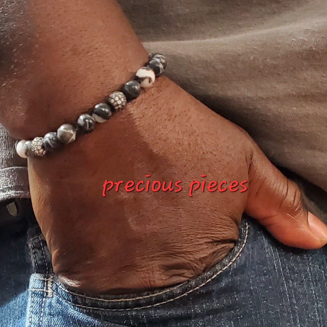 Men's Jasper and Round Rhinestone Beaded Bracelet