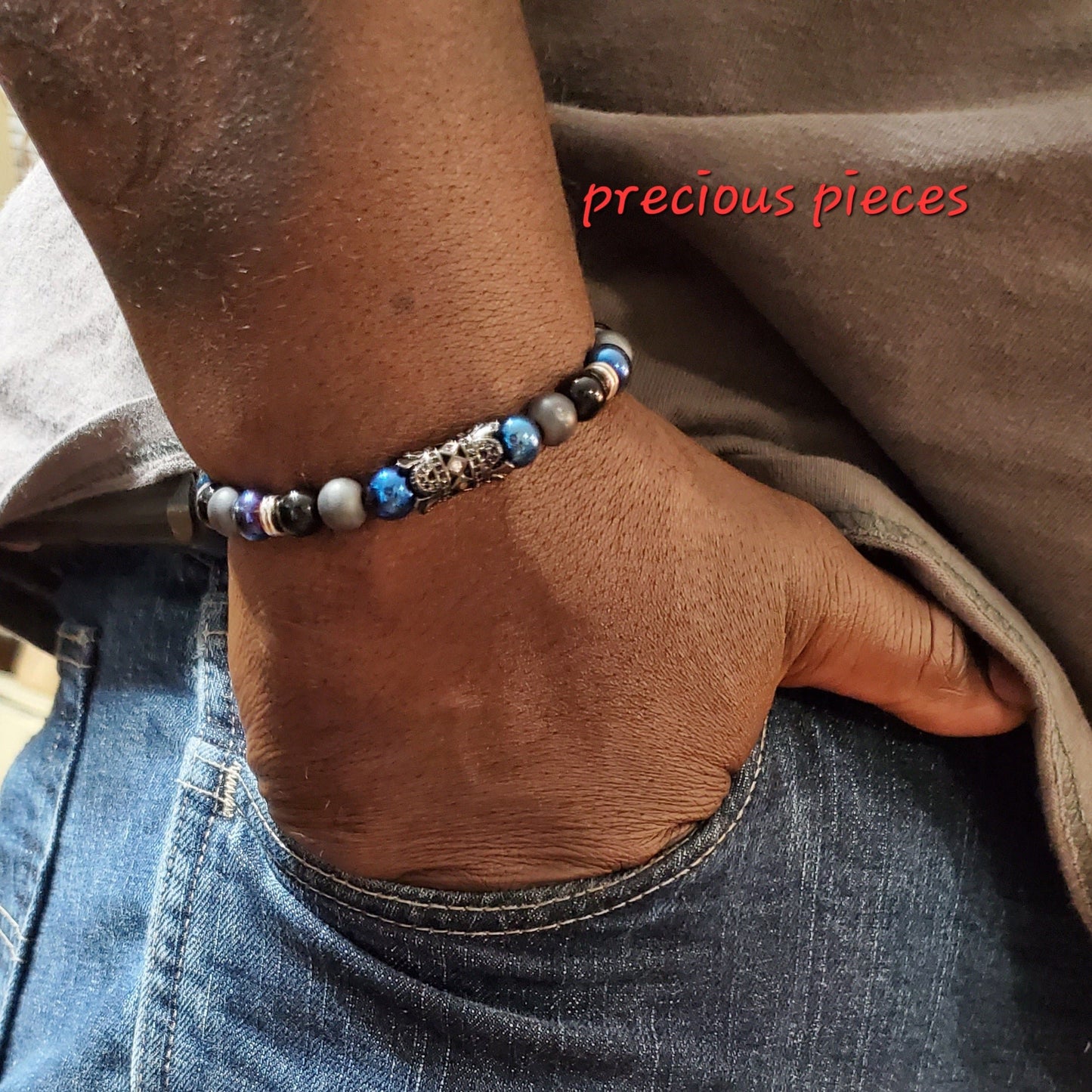 Men's Blue, Black and Gray Beaded Bracelet