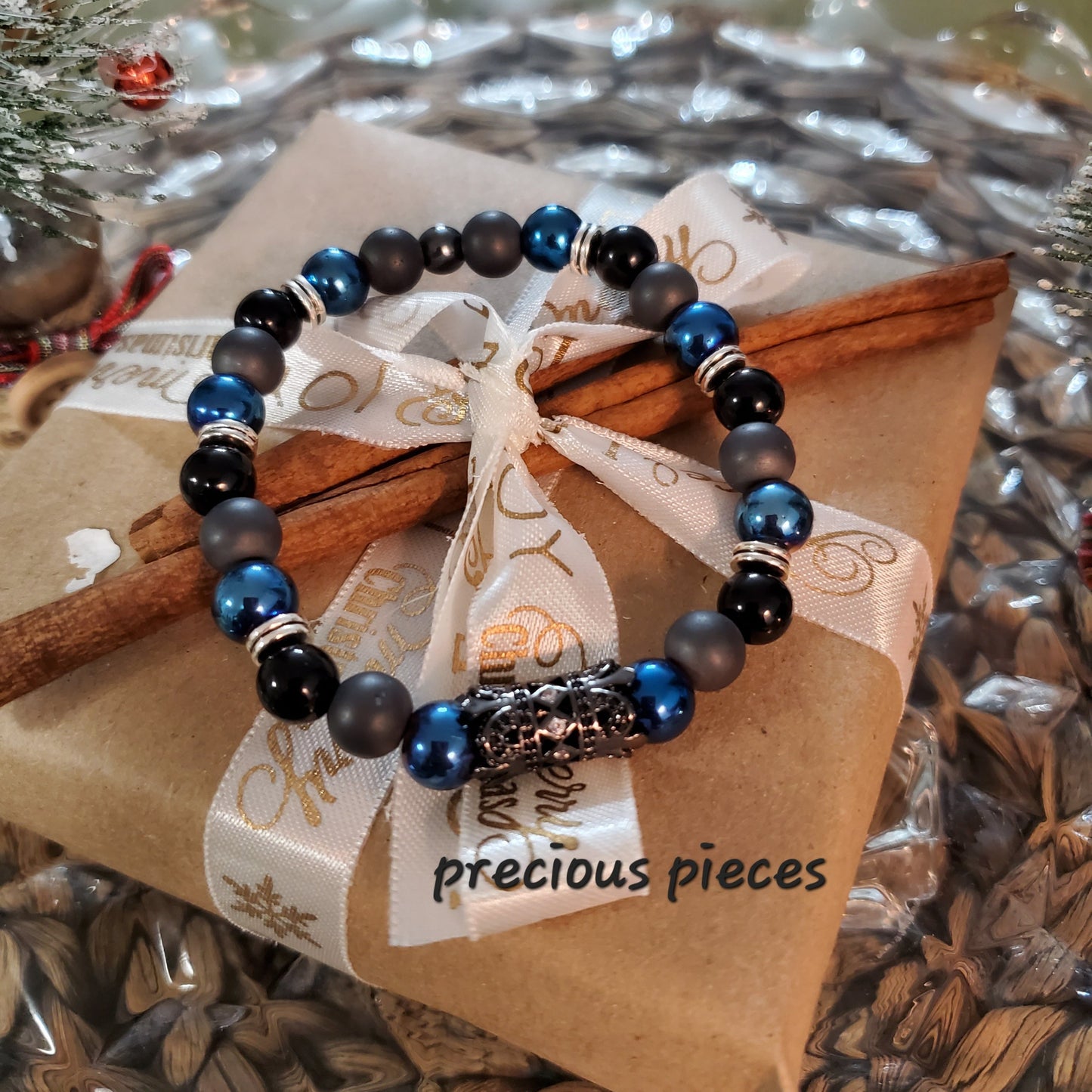 Men's Blue, Black and Gray Beaded Bracelet