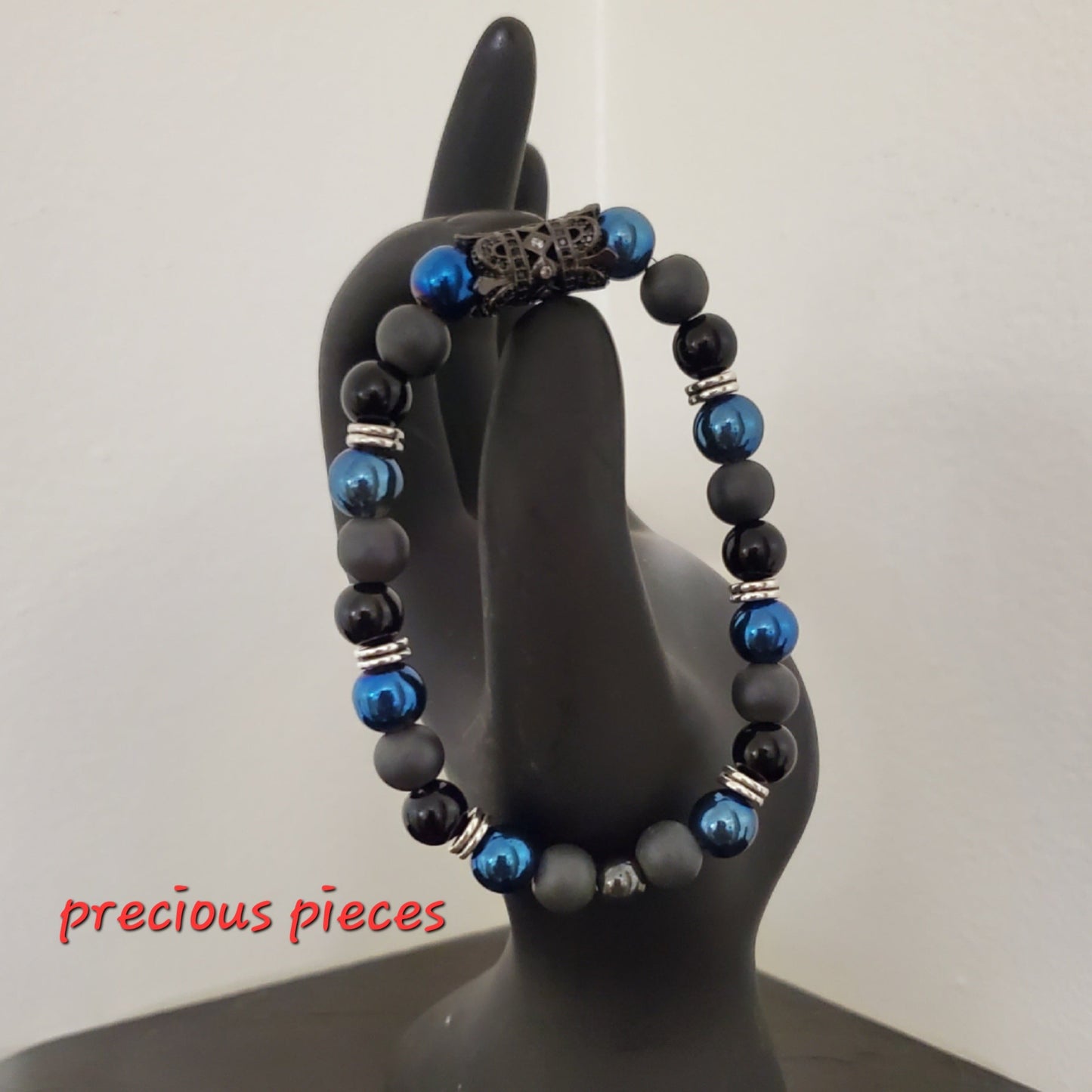 Men's Blue, Black and Gray Beaded Bracelet