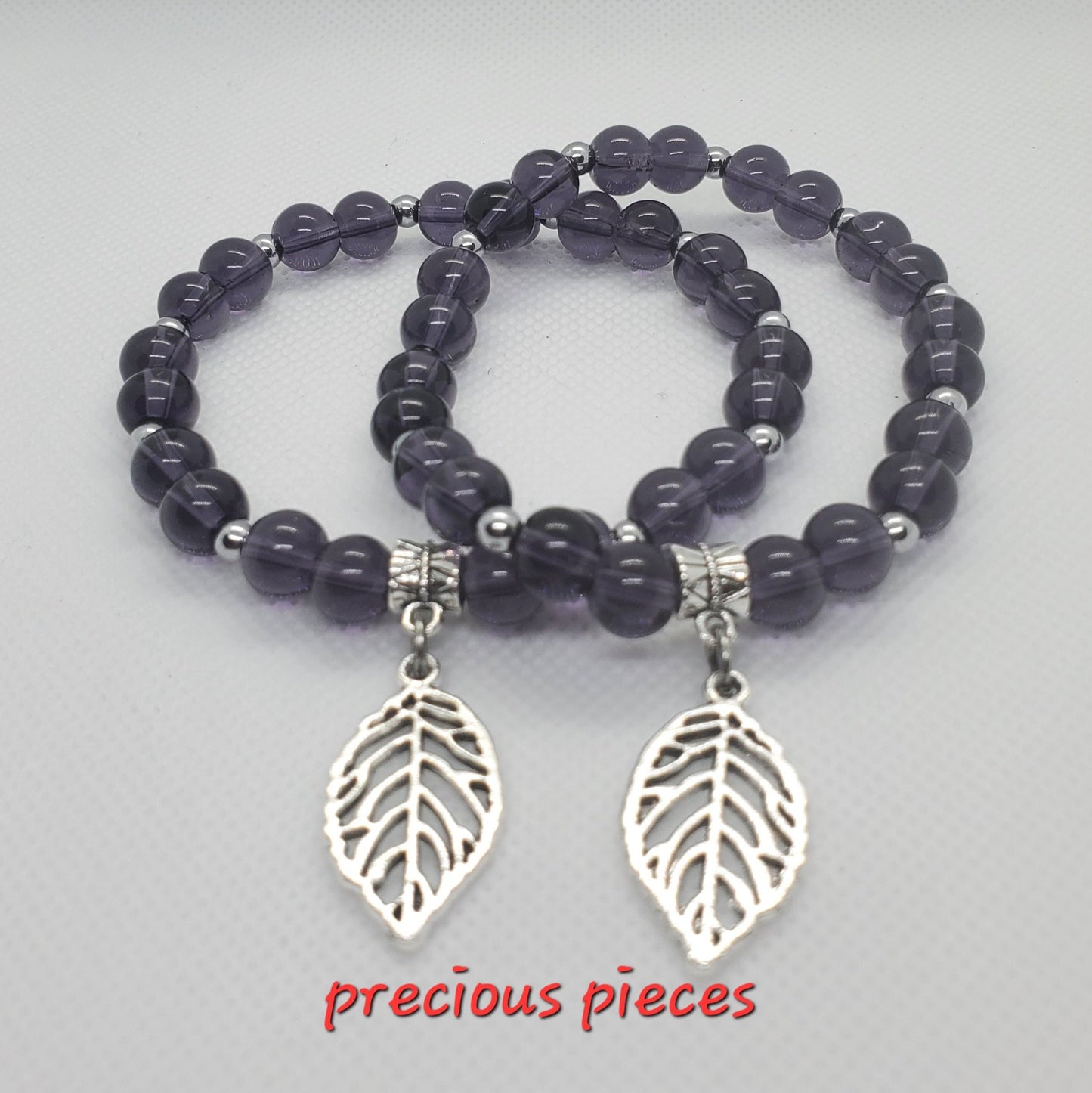 Amethyst Beaded Bracelet with Leaf Charm