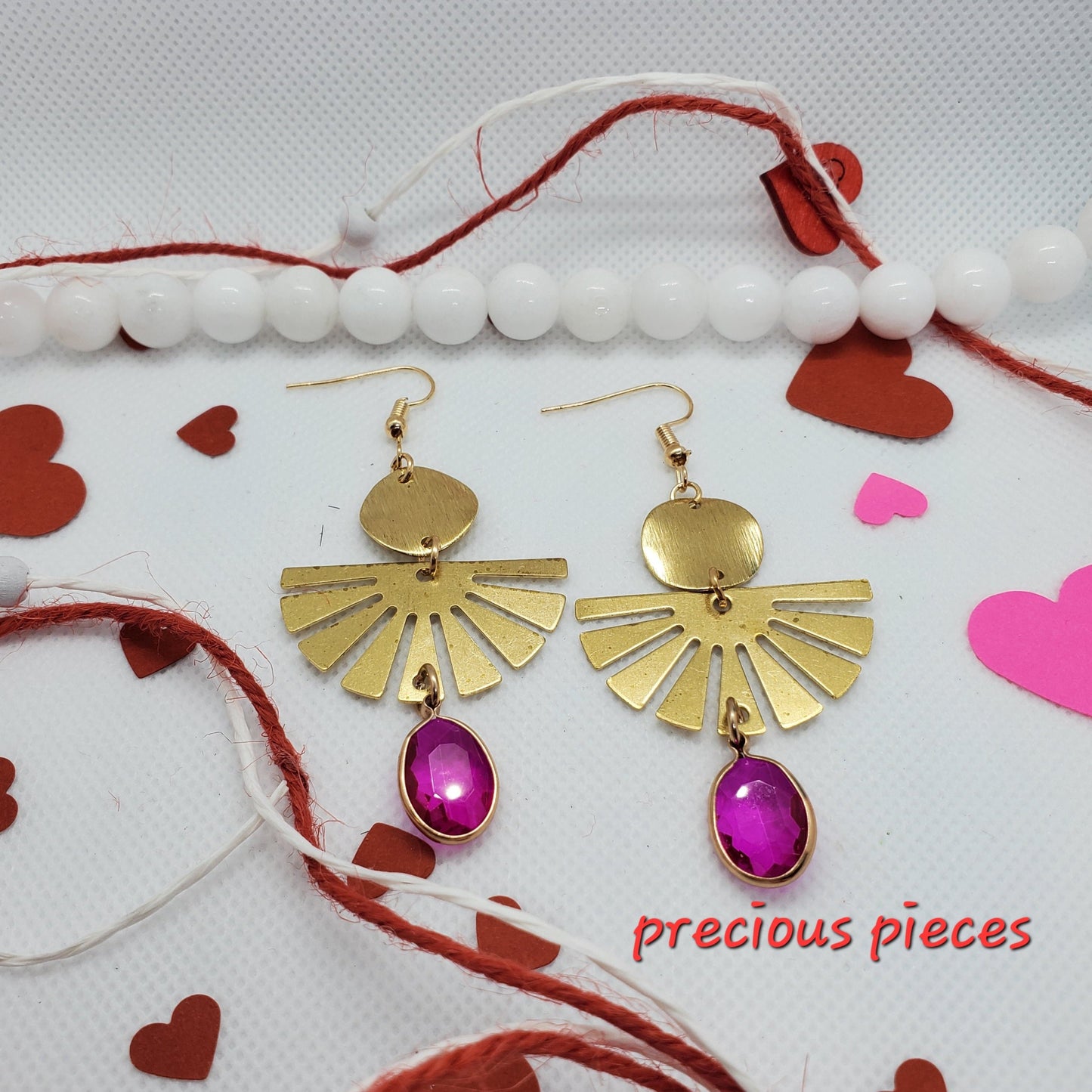 Brass Fan-Shaped and Pink Rhinestone Earrings