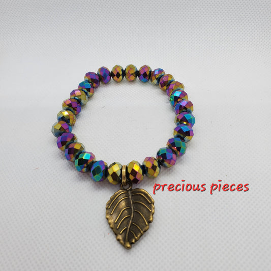 Faceted Glass Beaded Bracelet with Leaf Charm