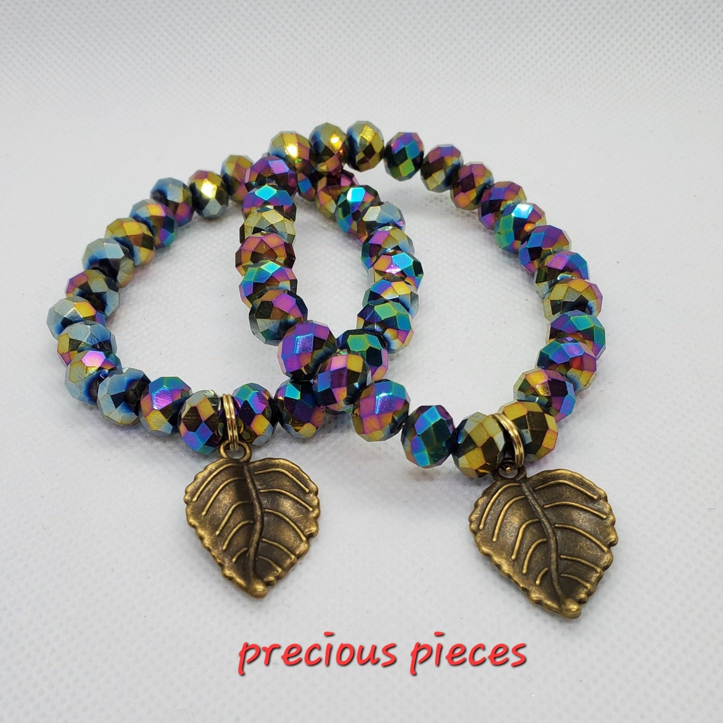 Faceted Glass Beaded Bracelet with Leaf Charm