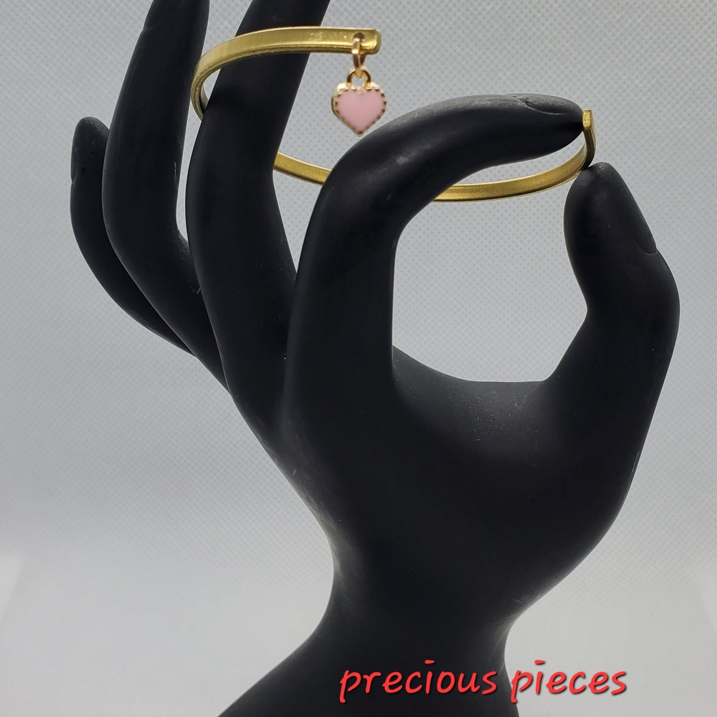 Brass Bangle Cuff with Tiny Pink Heart Charm