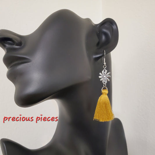 Vintage Antique Silver Flower and Mustard Color Tassel Earrings