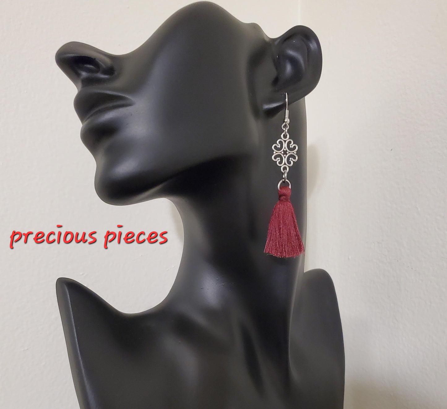 Vintage Antique Silver Flower and Burgundy Tassel Earrings