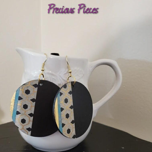 Black, Gold, and White Print Wood Earrings