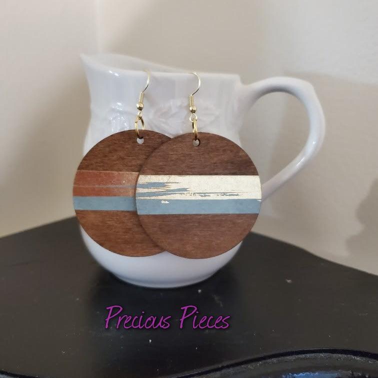 Hand Painted Wood Earrings with Gold and Blue Accents